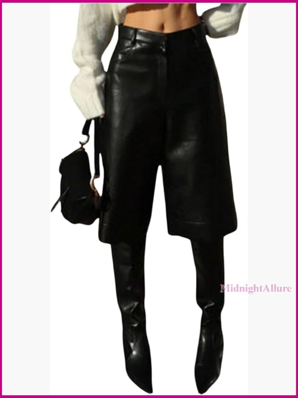 Faux Leather Wide Leg Knee Length Shorts Loose Fit Zipper Button Front